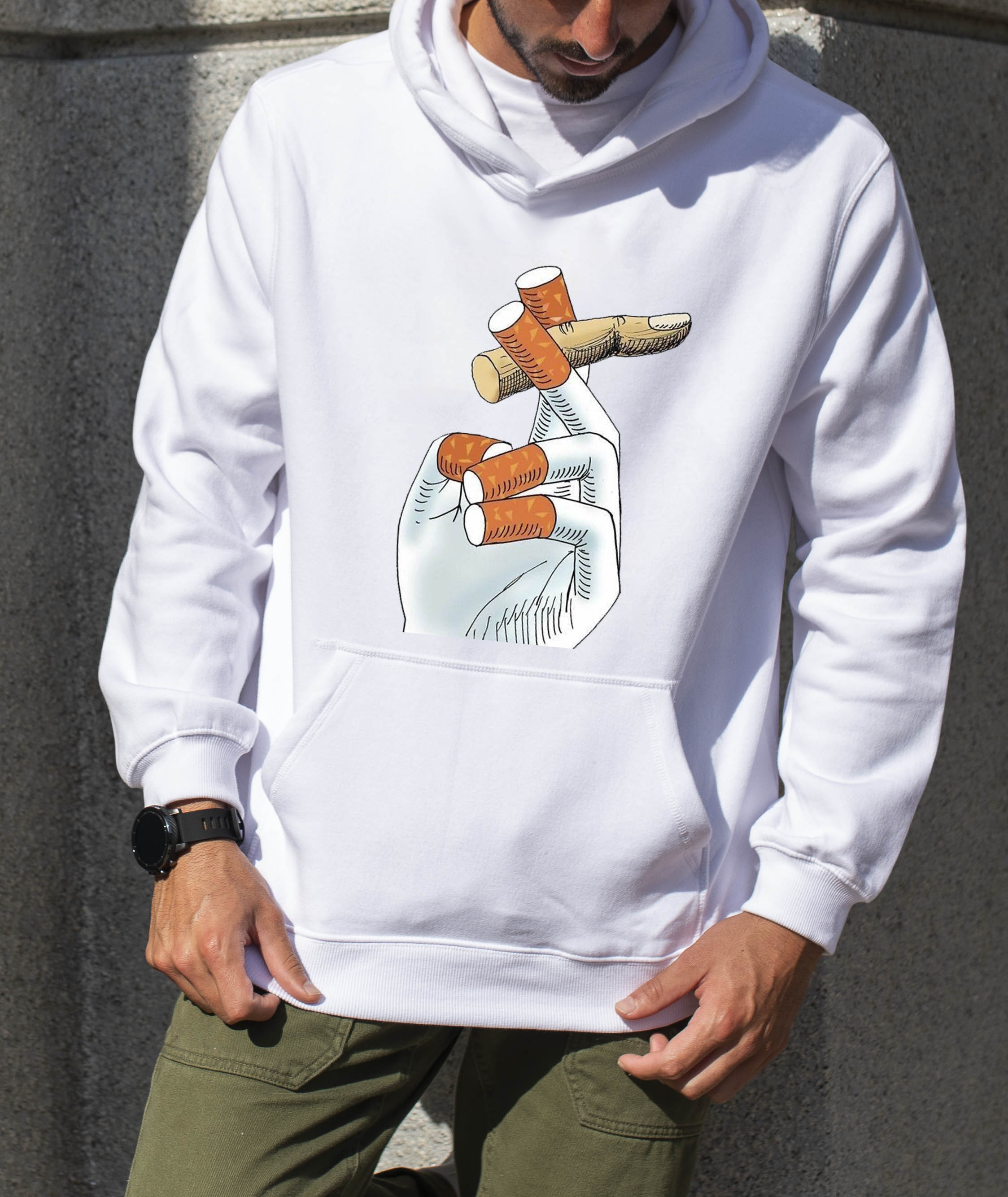 هودی مردانه پنبه ای پشت کرک طرح دست و سیگار